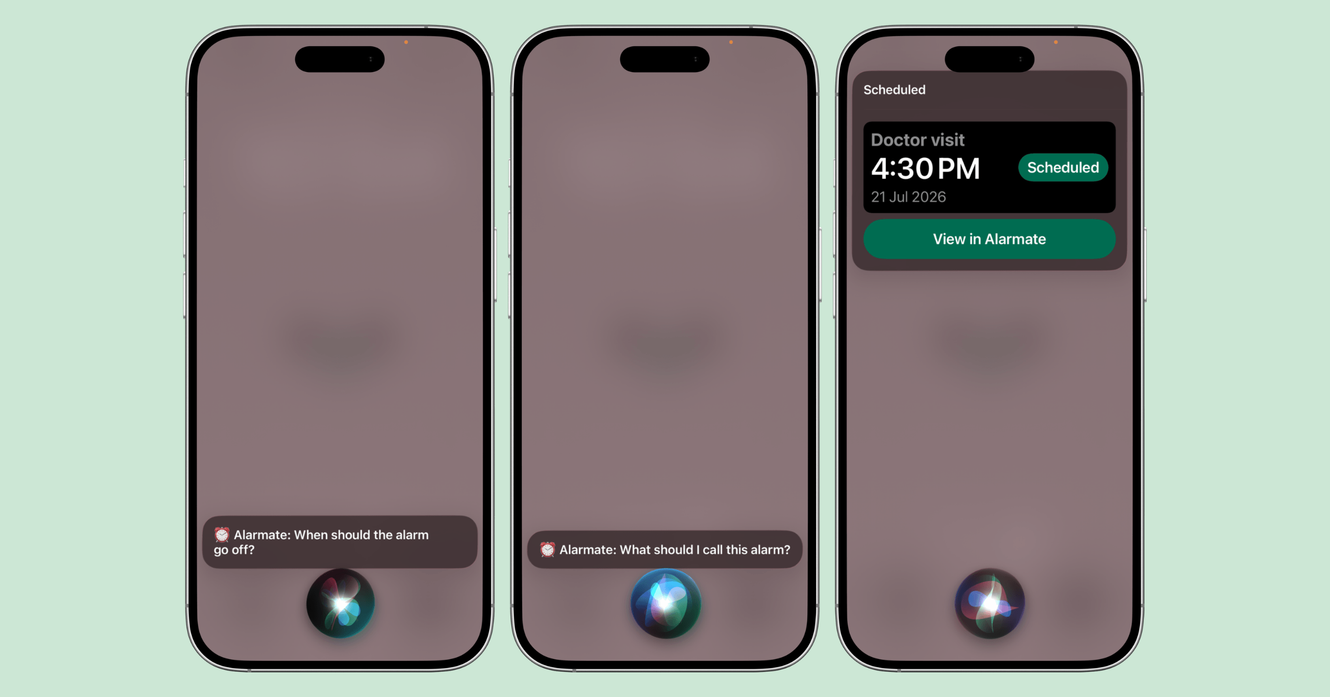 Siri setting a doctor visit date alarm in Alarmate for three weeks from now